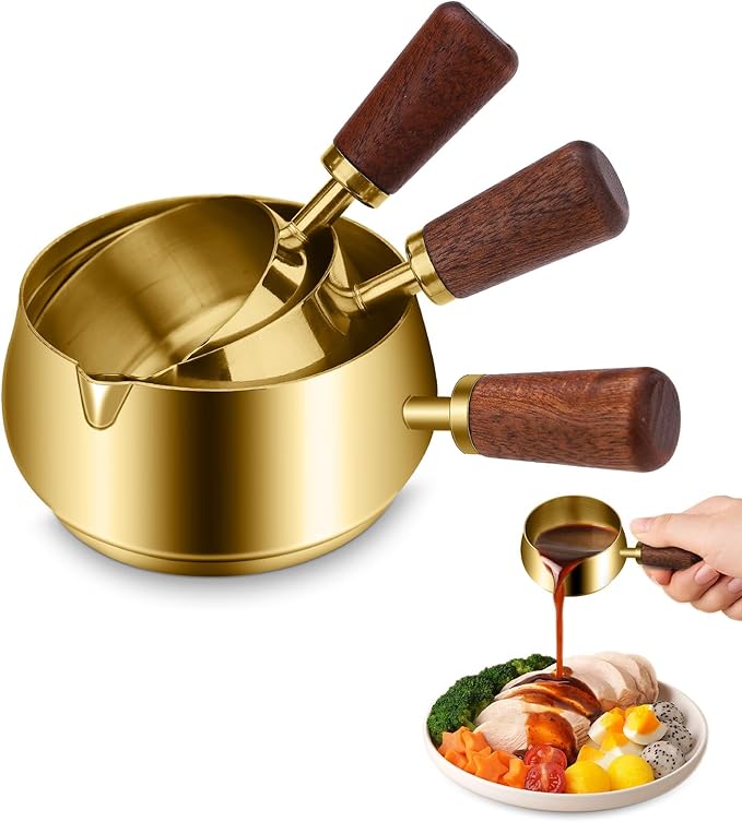 3 Pieces Stainless Steel Mini Sauce Pan with Wooden Handle & Spout, 1.7/3.4/5.1 Oz Gold Small Butter Warmer Saucepan, Reusable Sauce Pot Dipping Bowl (Gold)