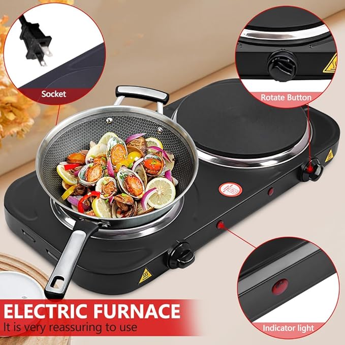 Electric Countertop Burner, Double Burner, 2000W Induction Cooktop, Portable Electric Hot Plate, 5 Level Adjustable Temperature Control Cooking Ranges for Home Dorm Camping Cooking（Black Disk）