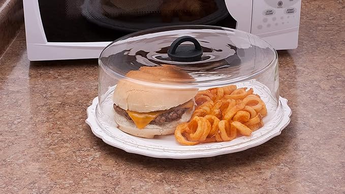 Tall Microwave Tempered Borosilicate Glass Plate Cover with Black Easy-Grip Silicone Handle - Unvented to Steam Food -Microwaveable/Oven/Stove Safe - Black Silicone Handle for Safe Easy Grip
