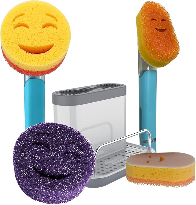 Smilyeez Caddy Combo, Sink Caddy, Smiling Handle, 2 Scrub Moji Sponges, Dishwand with 2 Mini Moji Sponges (Light Blue)