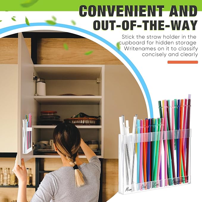 Qinyoung Acrylic Straw Holder for Cabinet Door with Double Sided Adhesive Tape Reusable Straw Organizer Tumbler Storage Kitchen Accessories Container for Counter Cupboard(Classic,Large,Transparent)