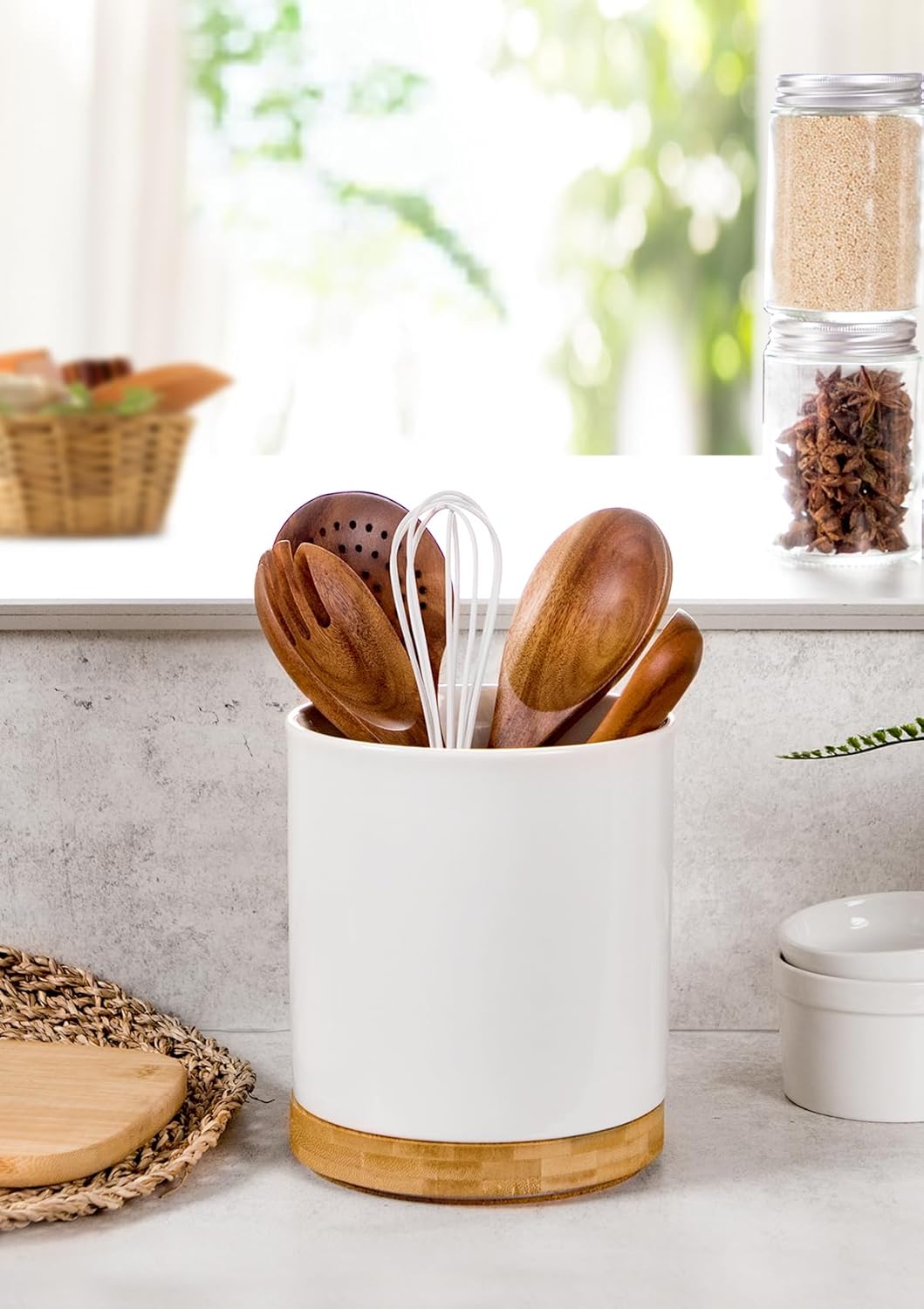 Nucookery 360° Rotating Utensil Holder, 7.2" Large Utensil Crock, White Ceramic Cooking Utensil Organizer with Countertop-Protection Cork Bottom for Farmhouse Kitchen Decor Christmas Gift (White)