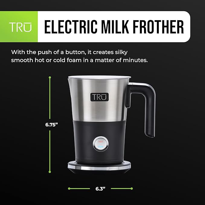 TRU Electric Milk Frother - Foam Maker for Lattes, Cappuccinos, Iced Coffee & More - One-Touch Operation & Precision Spout - Hot & Cold Milk Frother with Automatic Shut-Off - 10 Oz