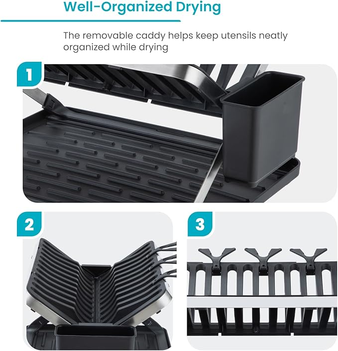Home Zone Living Foldable Dish Drying Rack with Removable Utensil Caddy and Drip Tray
