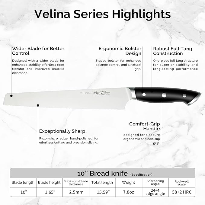 WICKWILLOW 10" Bread Knife – Razor Sharp German Steel – Serrated Knife for Homemade Bread & Sourdough – Full Tang & Ergonomic Handle – Gift Box – Velina Series