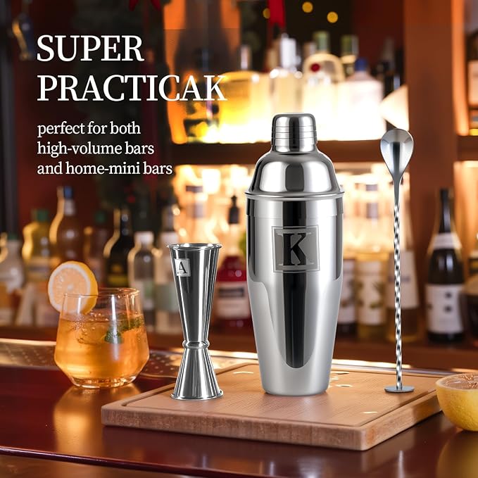 24oz Cocktail Shaker Set with 1 oz 2oz Jigger - Monogramm Initials Martini Shaker Set - 304 Stainless Steel Bar Shaker for Margarita,Mojito-Personalized Gift for Friend,Husband-J