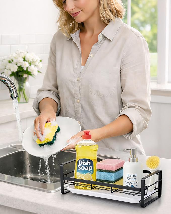 HULISEN Large Sponge Holder, 304 Stainless Steel Kitchen Soap Dispenser Caddy Organizer, Countertop Soap Dish Rack Drainer with Removable Drain Tray, not Including Dispenser and Brush, Black