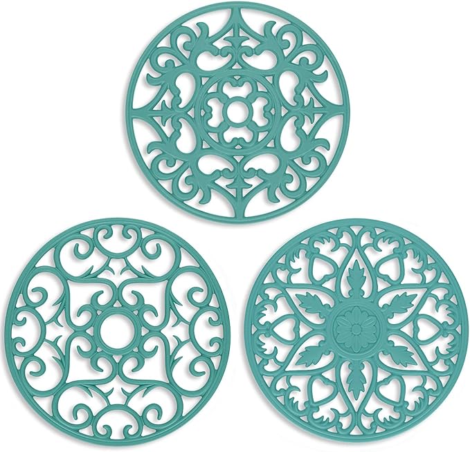 ME.FAN Trivets for Dishes/Pots/Pans, 3 Pcs Silicone Mats, Flexible/Durable/Non Slip Hot Pads to Protect Table and Counter Top (Teal Blue)