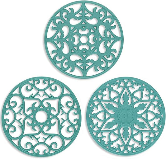 ME.FAN Trivets for Dishes/Pots/Pans, 3 Pcs Silicone Mats, Flexible/Durable/Non Slip Hot Pads to Protect Table and Counter Top (Teal Blue)