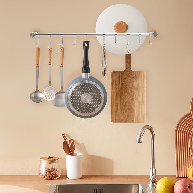 Kitchen Hanging Racks 304 Stainless Steel 20 Inch Rail Utensil Storage Hanger with 10 Pcs Noiseless Sliding Hooks, Wall Mounted Rod Holder for Pots Pan Spatula Spoon Cookware Mug Cup (Silver)