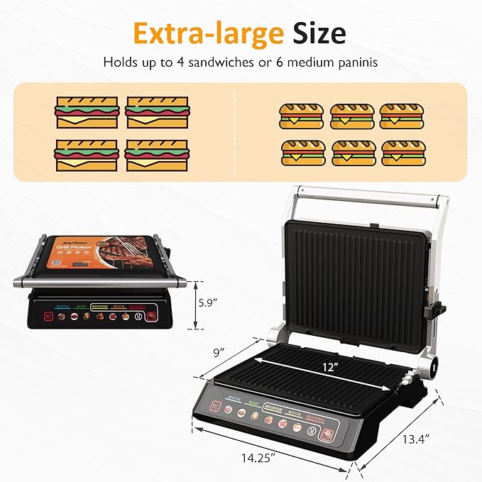 Sunvivi Indoor Grill & Griddle with Preset Menu, 1600W Electric Panini Press Sandwich Maker, Removable Nonstick Plates, Locking Lid, Double-sided Grill with 180° Flat Opening, Stainless Steel, Black