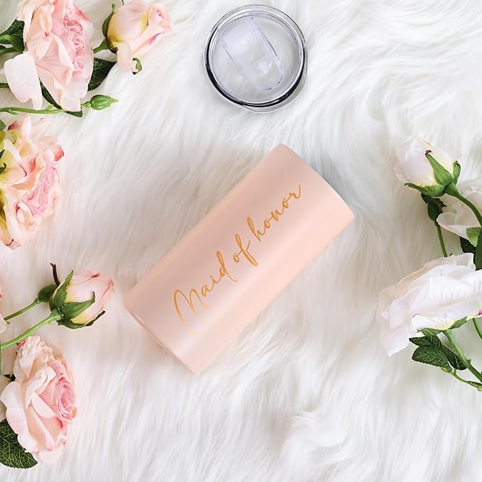 Maid of Honor Gifts Bridesmaid Proposal Gifts Maid of Honor Cups Wedding Bachelorette Party Favors Bridal Shower Stainless Steel Skinny Tumbler with Lid and Straw 15 OZ Pink
