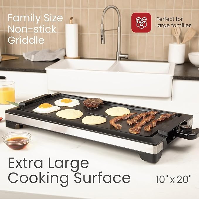 Electric Smokeless Indoor Griddle, Flat Top Grill, 1800W Fast Heat Up BBQ Grill, Large Nonstick Cooking Plate, 5 Levels Adjustable Temperature, Detachable & Dishwasher Safe, Cool-touch Handles, Black