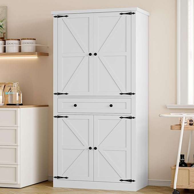 Pantry Organizers and Storage Cabinet, 70” Barn Door White Kitchen Cabinet with Drawers and Adjustable Shelf, Tall Pantry for Kitchen, Dining Room, Living Room Bedroom