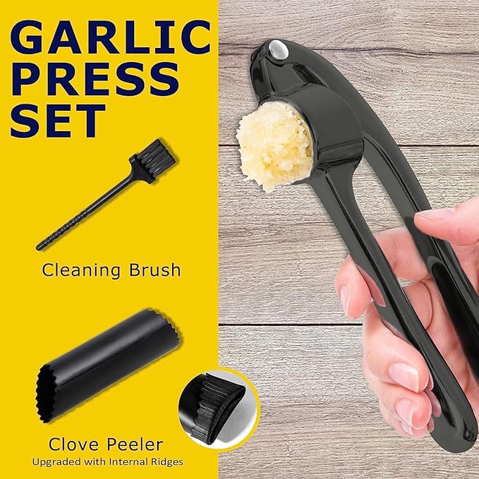 Premium Garlic Press Stainless Steel - Elevate Your Culinary Experience with Our Premium Garlic Mincer, Crusher & Peeler Set, Dishwasher Safe & Rust-proof (Matte-Black)