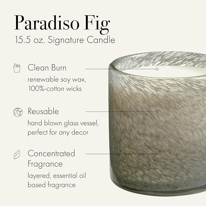 LAFCO New York Signature Candle, Paradiso Fig - 15.5 oz - 90-Hour Burn Time - Reusable, Hand Blown Glass Vessel - Made in The USA