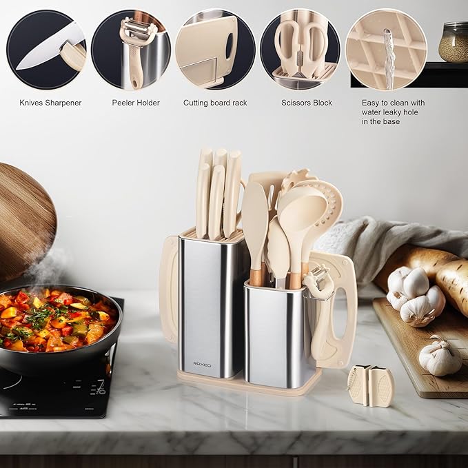 RAXCO Cooking Utensils Set,12-Piece Kitchen Utensils and Accessories,6-Piece Knife set,utensilios de cocina,Khiki