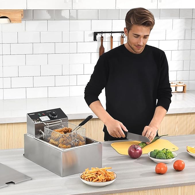 Electric Deep Fryer 10L/10.5QT Stainless Steel Single Tank Commercial Fryer with Basket, 1700W 110V Countertop Deep Fryer for Home Kitchen and Restaurant Use with Oil Thermometer & Temperature Control