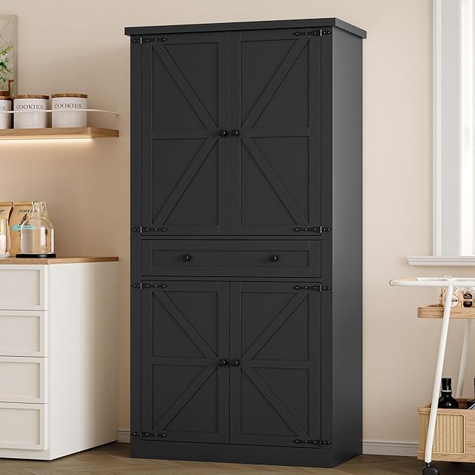 Pantry Organizers and Storage Cabinet, 70” Barn Door White Kitchen Cabinet with Drawers and Adjustable Shelf, Tall Pantry for Kitchen, Dining Room, Living Room Bedroom