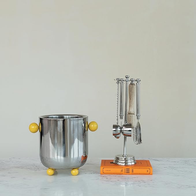 Creative Co-Op 5-Piece Stainless Steel and Mango Wood Bar Tools with Stand, Nickel Finish and Natural
