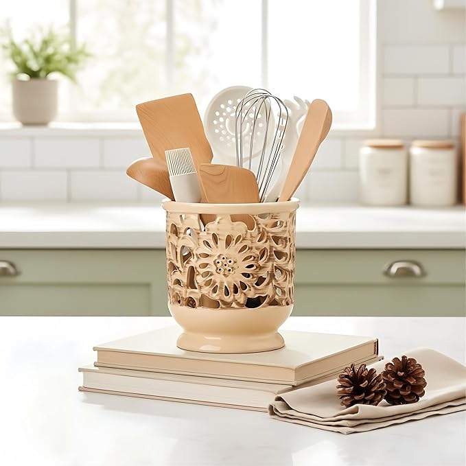 Farmhouse Kitchen Utensil Holder for Countertop, Ceramic Large Cooking Utensil Crock with Cork Mat, Decorative Rustic Utensil Holder for Kitchen Counter, Hollow Carving Flower, Beige
