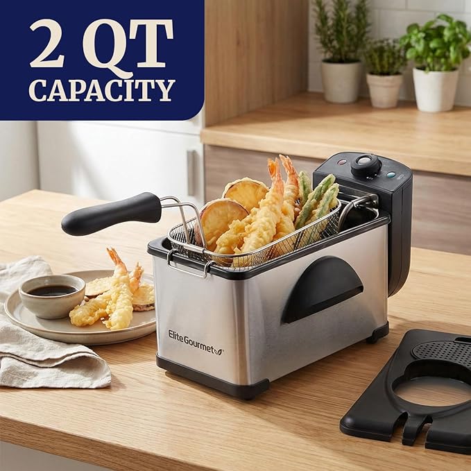 Elite Gourmet EDF2100 Electric Immersion Deep Fryer Removable Basket Adjustable Temperature, Lid with Viewing Window and Odor Free Filter, 2 Quart / 8.2 cup