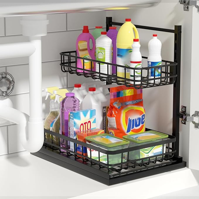 Under Sink Organizer, Adjustable Height Pull-Out Kitchen Storage Organization,15.8" x 11.8" x 16.5", 2-Tier Kitchen Shelf, Bathroom Drawer Organizer, 2 Pack|Black