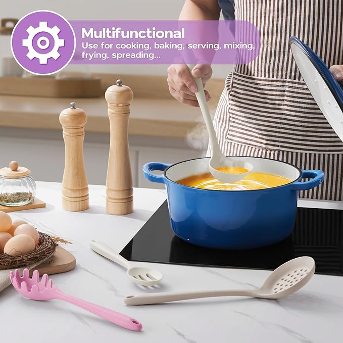Onader Silicone Cooking Utensils Set, 6 Pcs Kitchen Utensils for Cooking, Heat Resistant Kitchen Gadgets Tools Set for Nonstick Cookware - 3 Mixed Color (Khaki & Pink & White)