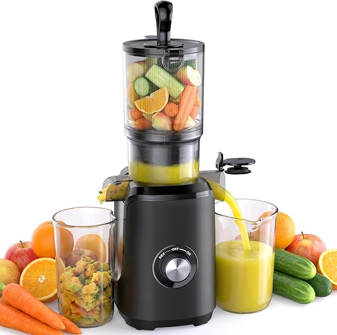 NEWBULIG Cold Press Juicer Machines, Masticating Juicer with High Juice Yield, Reverse Function, Stops Oxidation and Easy to Clean for Vegetables & Fruits, Black
