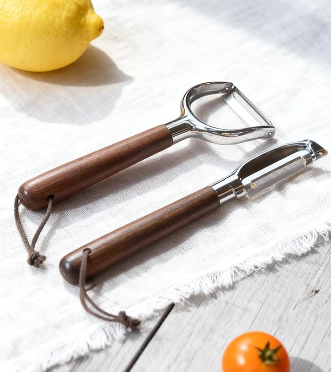 Ugotit Fruit Vegetable Peeler Set for Kitchen, Stainless Steel Potato Peelers Ultra Sharp Swivel Blade, Premium Real Wood Handle Leather Strap (Y&I Shaped)
