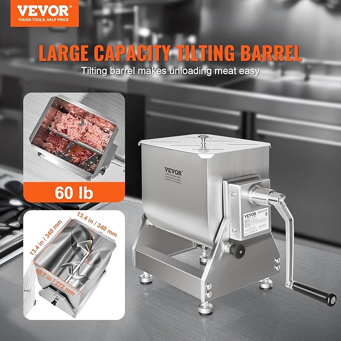 VEVOR Manual Meat Mixer, 60 Pound Capacity Tilt Tank Meat Mixer, Stainless Steel Meat Processing Equipment, Sausage Mixer Machine with Lid and Handle, Ground Beef Hand Mixer, Silver