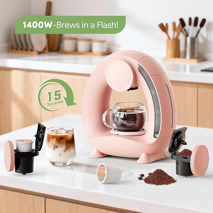 BENFUCHEN Pod and Grounds Single-Serve Coffee Maker, 2 in 1 One Cup Coffee Machine Compatible with K-Cup Pod & Coffee Grounds/Tea, Compact Design, 4-8oz, Pink