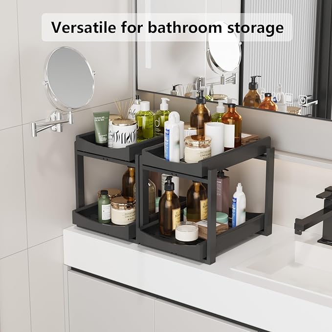 Bamboo Under Sink Organizer Adjustable Height 2 Tier Bathroom Organizer Pull Out Cabinet Storage Kitchen Heave Duty Wood Slide Ou Shelf for Kitchen Bathroom (Black, 2 Packs) (Black, 2 Packs)
