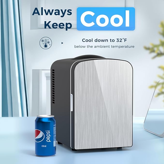 Antarctic Star Compact Refrigerator, Portable Mini Fridge, Skin Care 4L Capacity/6 Cans, for Bedroom, Car, Office & Dorm, Small Cooler for Cosmetics, Magnetic Brushed Stainless Steel Door,Black