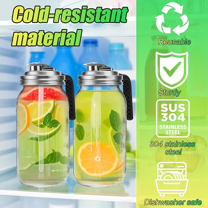 Mason Jar Pour Spout Lid Stainless Steel with Handle, Wide Mouth Pour Spout Flip Cap Lids for Mason Jars, Anticracking Leak Proof Seal Cover Airtight for Drinking Salad Dressing & Food Storing(4PCS)