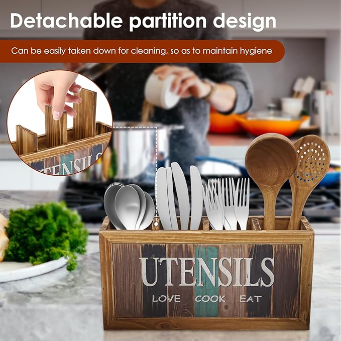 Wood Utensil Holder Practical Utensil Holder with 4 Compartments for Oil Bottle Spatula Cutter and Fork