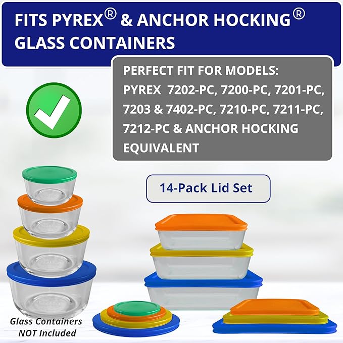 1, 2, 4 & 7 Cup Round & 3, 6, 11 Cup Rectangle Replacement Lids/Covers for Pyrex, Anchor Hocking & KlareWare Storage Bowls *Lids Only -Glass Container Not Included*, 14 Pack *2 of Each Size*