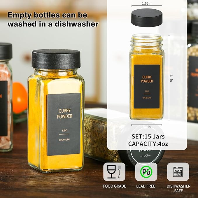 Spice Jars with Label，4oz Glass Spice Bottles With Shaker Lids，Seasoning Containers with Funnel, Chalk Pen for Cabinet，Drawer，Rack (Black, 24)