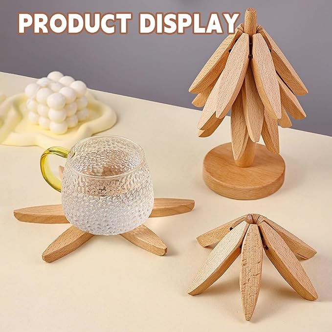 Natural Foldable Black Walnut Wooden Trivet Set - 4 Trivets + 1 Stand for Hot Dishes, Pot, Bowl, Teapot, Hot Pot Holders (Black)