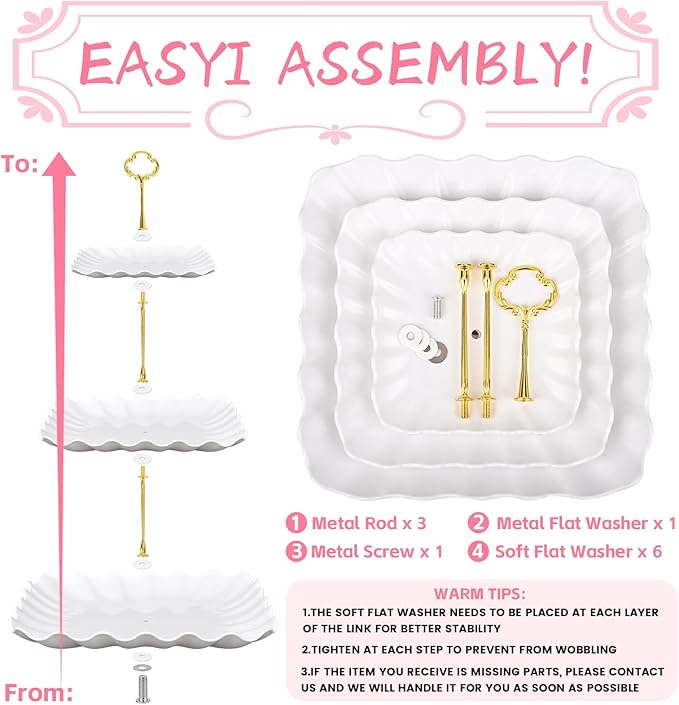 5 Pcs Dessert Display Stands, 2pcs Dessert Stands 3 Pcs Tray, Pink Dessert Display Stands, Treat Table Displays Set for Wedding Baby Shower Tea Party, Ease of Cleaning and Assembly