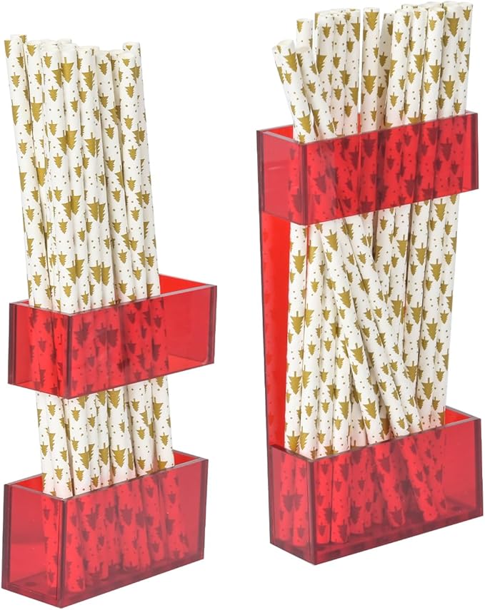 2 PACK Acrylic Straw Holder for Cabinet Doors, Reusable Straw Organizer with Ultra-Sticky Adhesive, Small Kitchen Accessories Container, Fits Both Short & Long Straws (Red)