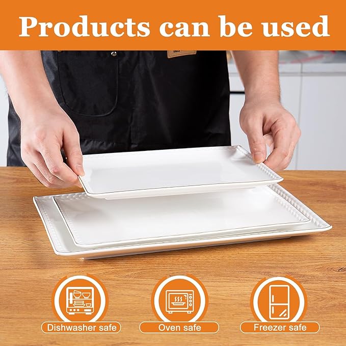 Kassel Ceramic Serving Platter Set | 16”/14”/12” Rectangular Serving Trays for Entertaining at Parties and Weddings | Oven Safe Extra Large Serving Trays for Tacos, Steak, and Cake