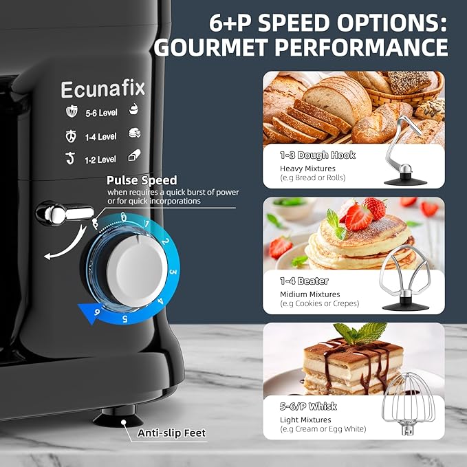 Kitchen Stand Mixer, 6.5Qt Household Stand Mixers, 660W 6+P Speed Tilt-Head Electric Dough Mixer, Food Mixers for Daily Use with Dough Hooks, Whisk, Beater