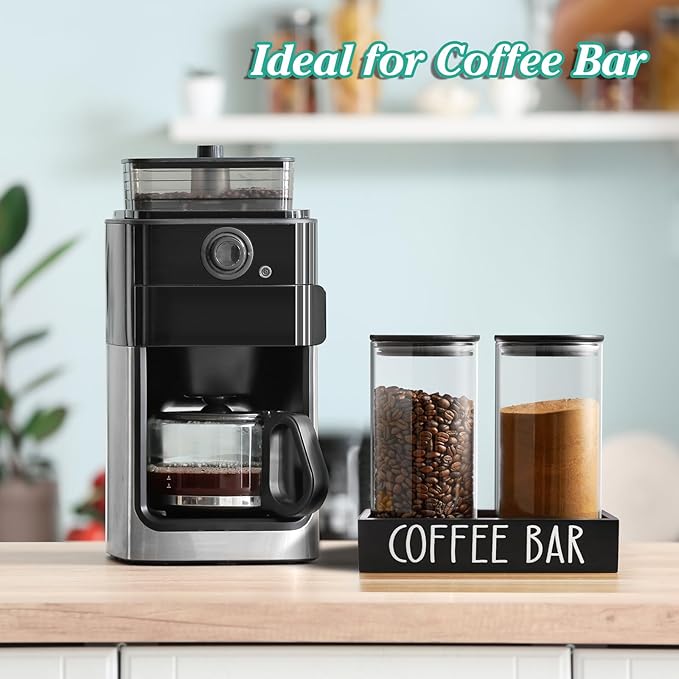 Glass Coffee Canister for Ground Coffee - 2Pcs 45oz Coffee and Sugar Container Set with Airtight Bamboo Lids and Black Tray - Farmhouse Coffee Bean Storage Jars for Coffee Bar Decor and Accessories