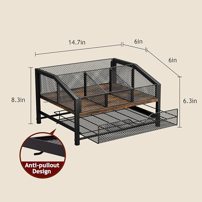 Homsorout Coffee Bar Organizer - Coffee Station for Countertop, Metal and Wood K Cup holder Storage Basket with Drawer for Syrup, Cups, Stirrer, Condiment, Tea Organizer, Brown