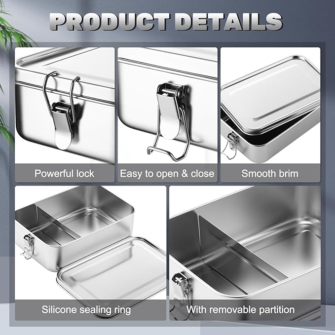 Umigy 8 Pcs Stainless Steel Food Containers 2400ml Metal Bento Lunch Box Stainless Steel Food Storage Containers, Lockable Clips to Leak Proof, Reusable Dishwasher Snack Boxes for Work