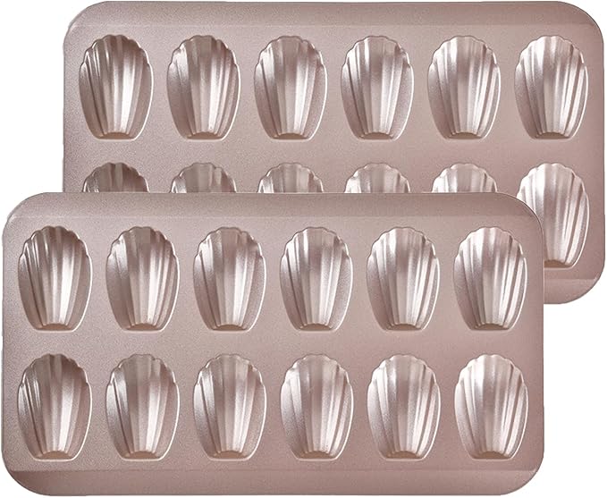 Madeleine Pans for Baking (2-Pack) 12 cup Madlen Mold Makes Shell Shape Cake Cookies Nonstick Carbon Steel Madeline Tray for Oven Gold