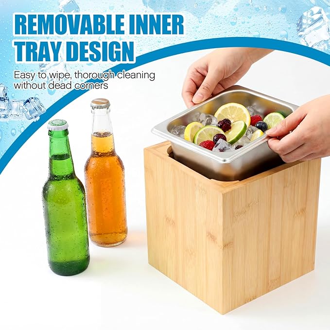 Ice Housing Bin with Removable Tray Ice Holder Container Wine Beer Champagne Drink Bucket Beverage Tub for Freezer Display Buffet Bar Counter Party Drink Chiller(Bamboo and Steel,7.9" X 7.7" X 7.23")