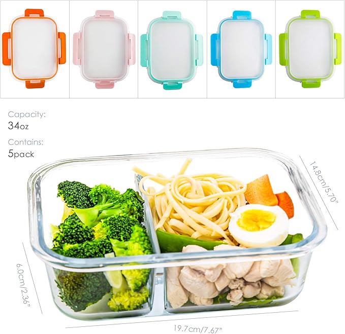 CREST Glass Meal Prep Containers 2 Compartment Set, 5-Pack, 34oz,Divided Bento Lunch Boxes with Lids for Adults