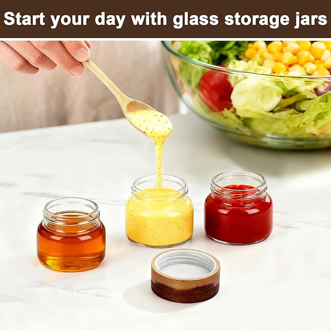 Glass Jar with Wood Lid, 2 Pack 3oz 80ml Small Glass Spice Jars with Airtight Screw Lids, Cute Coffee Containers Clear Glass Canister for Beans, Sugar, Tea, Sauce, Honey, Herb